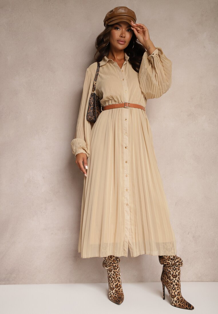 Rochie Bej Tip cămașă cu Pliuri și Curea Suplimentară Miarosea