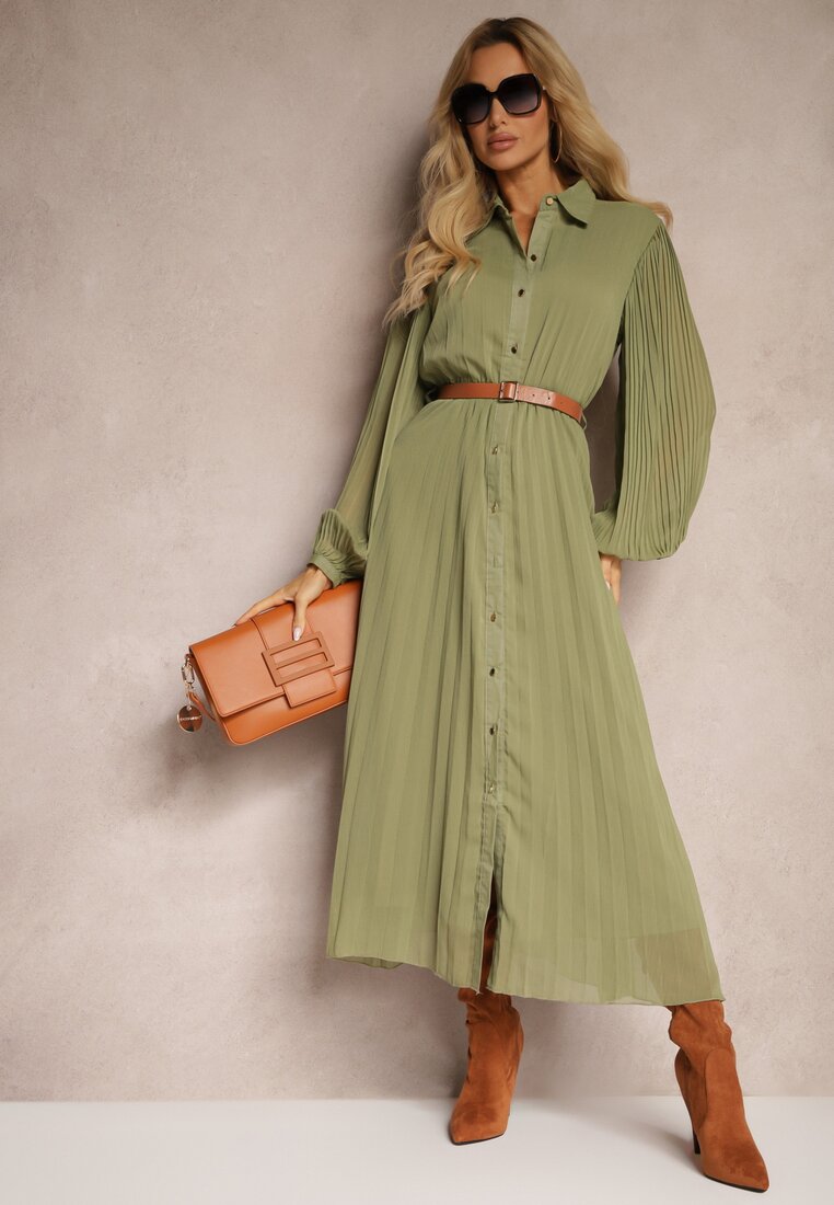 Rochie tip cămașă Verde cu Pliuri și Curea Suplimentară Miarosea
