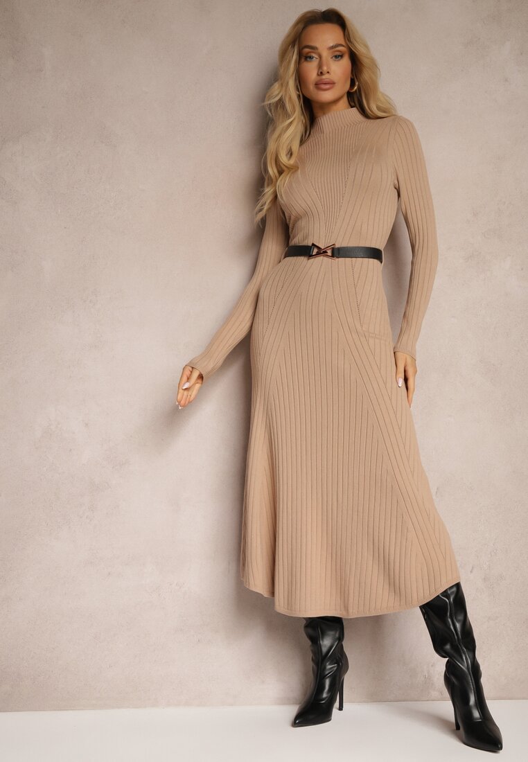 Rochie Bej închis tricotată cu curea elegantă și cu adaos de lână Nirillia
