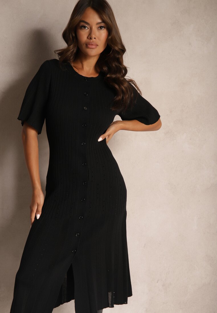 Rochie Trapezoidală Neagră din Tricot Închisă cu nasturi Zetirae