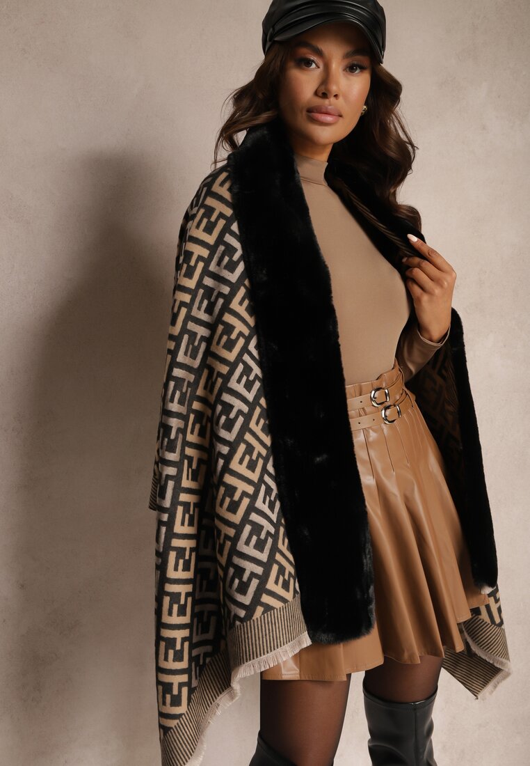 Poncho Negru-Bej din viscoză cu model geometric cu inserție de blană Miarella