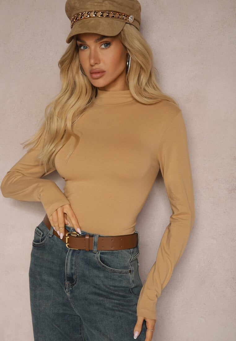 Bluză Bej închisă Din bumbac Tip Longsleeve cu guler semi-înalt Riata