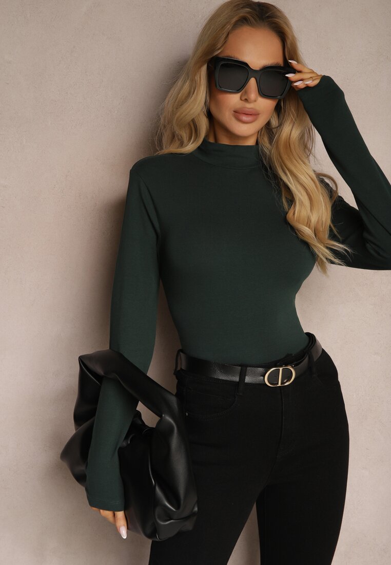 Bluză Verde din Bumbac cu Mânecă Lungă cu Guler Înalt Riabeth