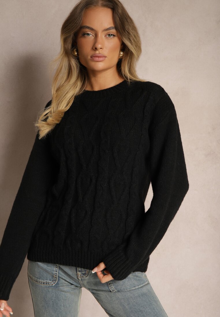 Pulover Negru cu Lână, cu Model Decorativ și Manșete Nariae