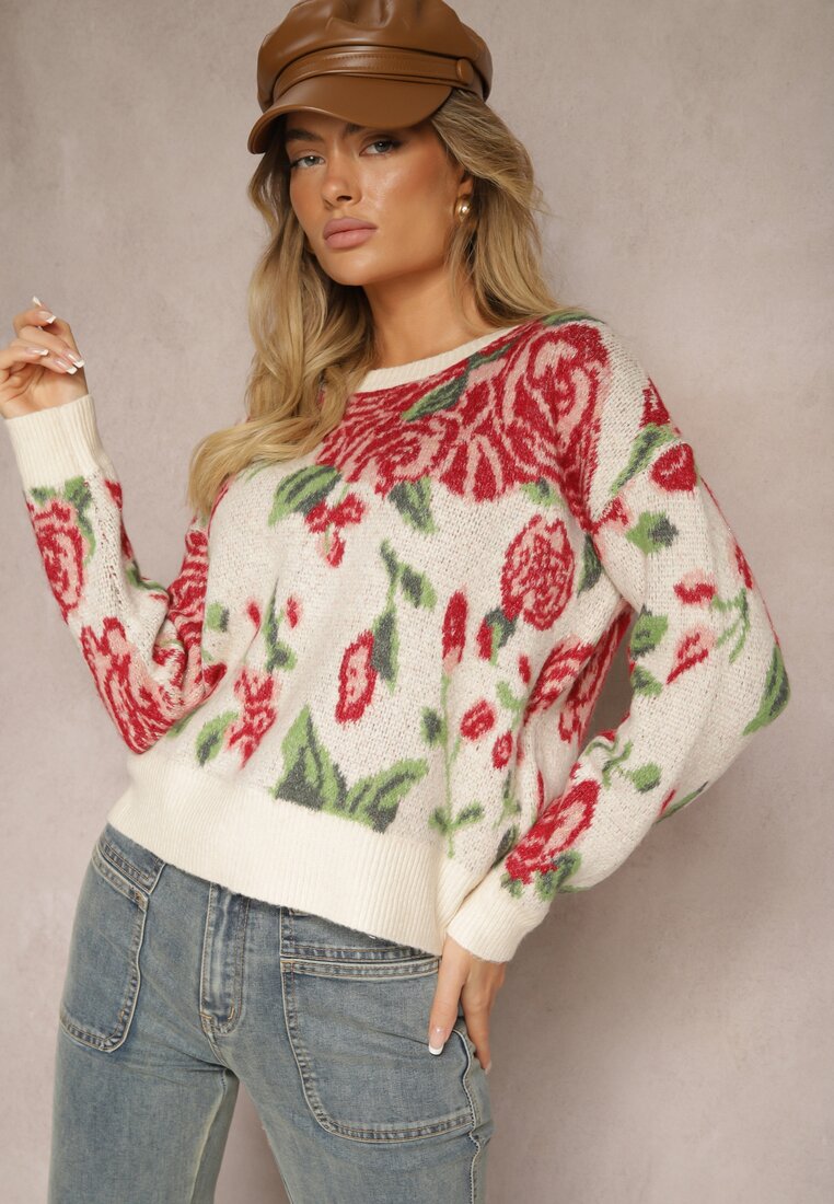 Pulover Clasic Bej deschis cu croi tip cutie cu model floral rustic cu fir metalic Savielle