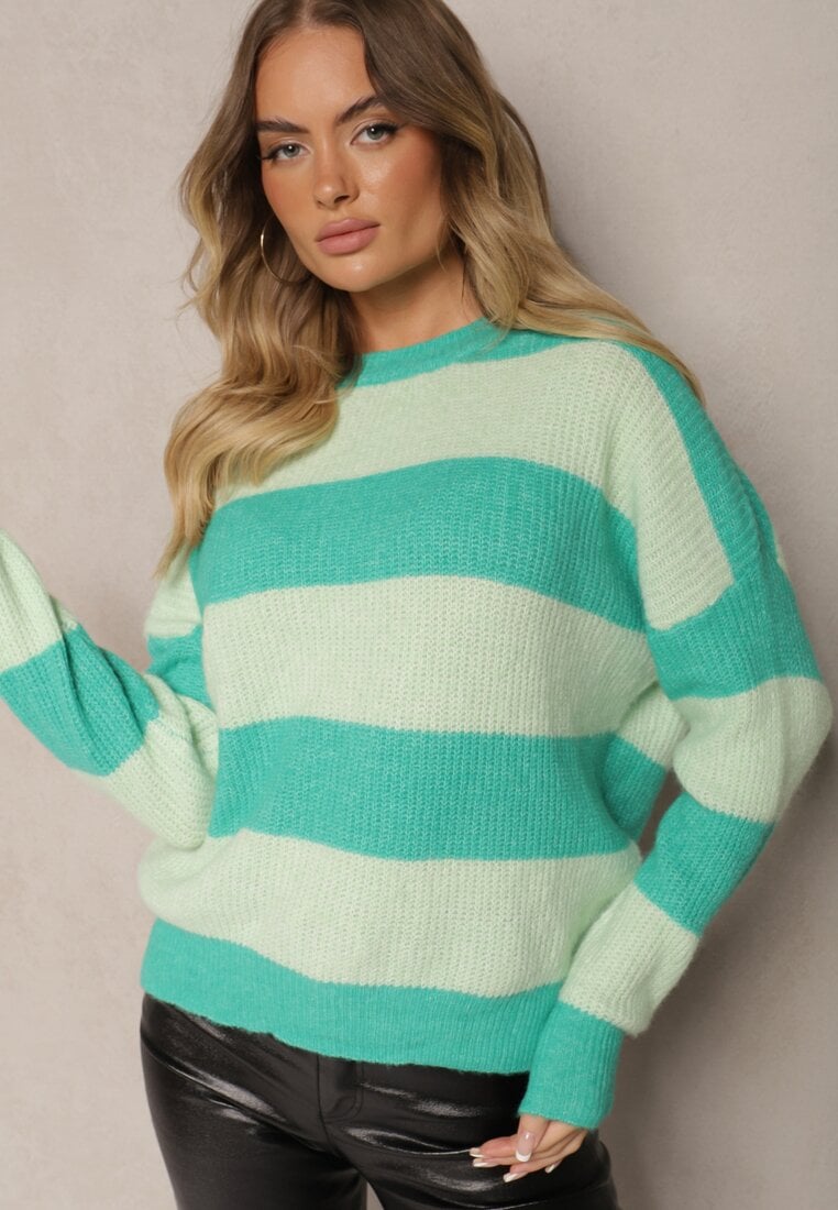 Pulover Verde cu borduri reiate, decorat cu benzi cu lână Tiarosea