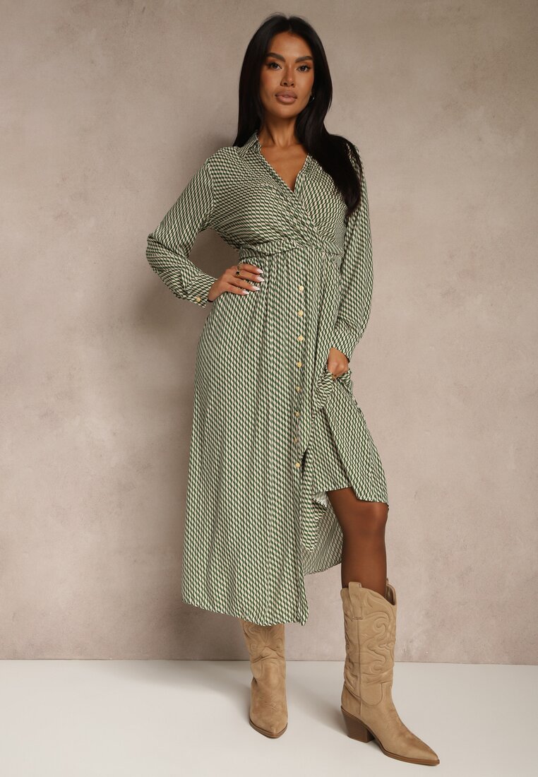 Rochie Verde din Viscoză cu model Pepit cu croi petrecut cu elastic în talie Vaileissa