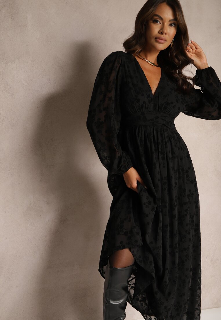 Rochie Neagră cu Flori din Catifea cu Inserții Transparente cu Croi Evazat Gelabira