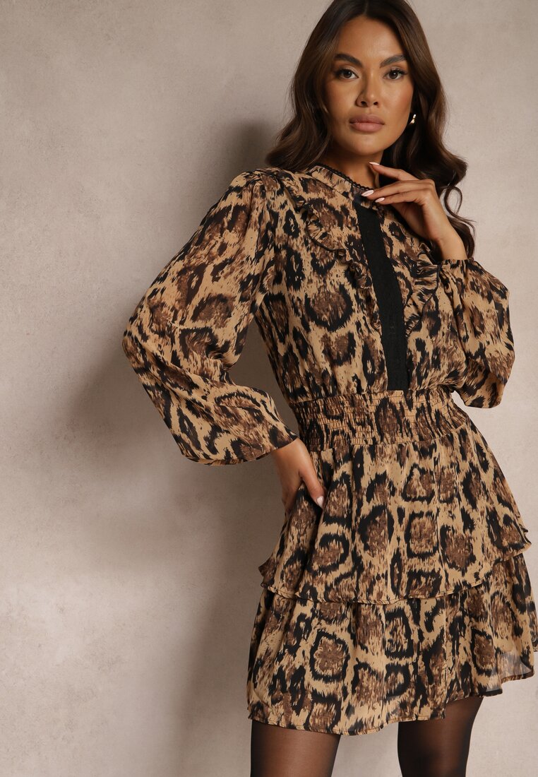 Rochie Maro Leopard cu croială evazată, cu guler înalt și volane Labrette