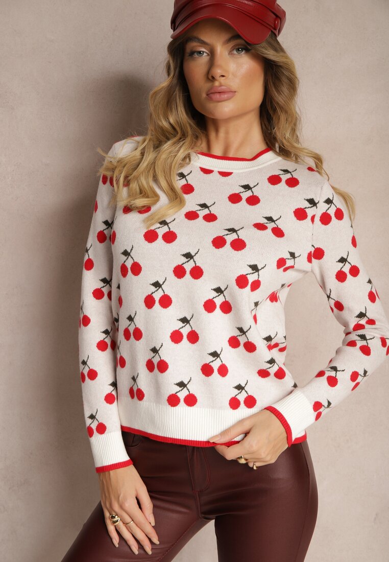 Pulover Alb cu Viscoză cu Croi Simplu Decorat cu Model cu Cireșe Avandirae