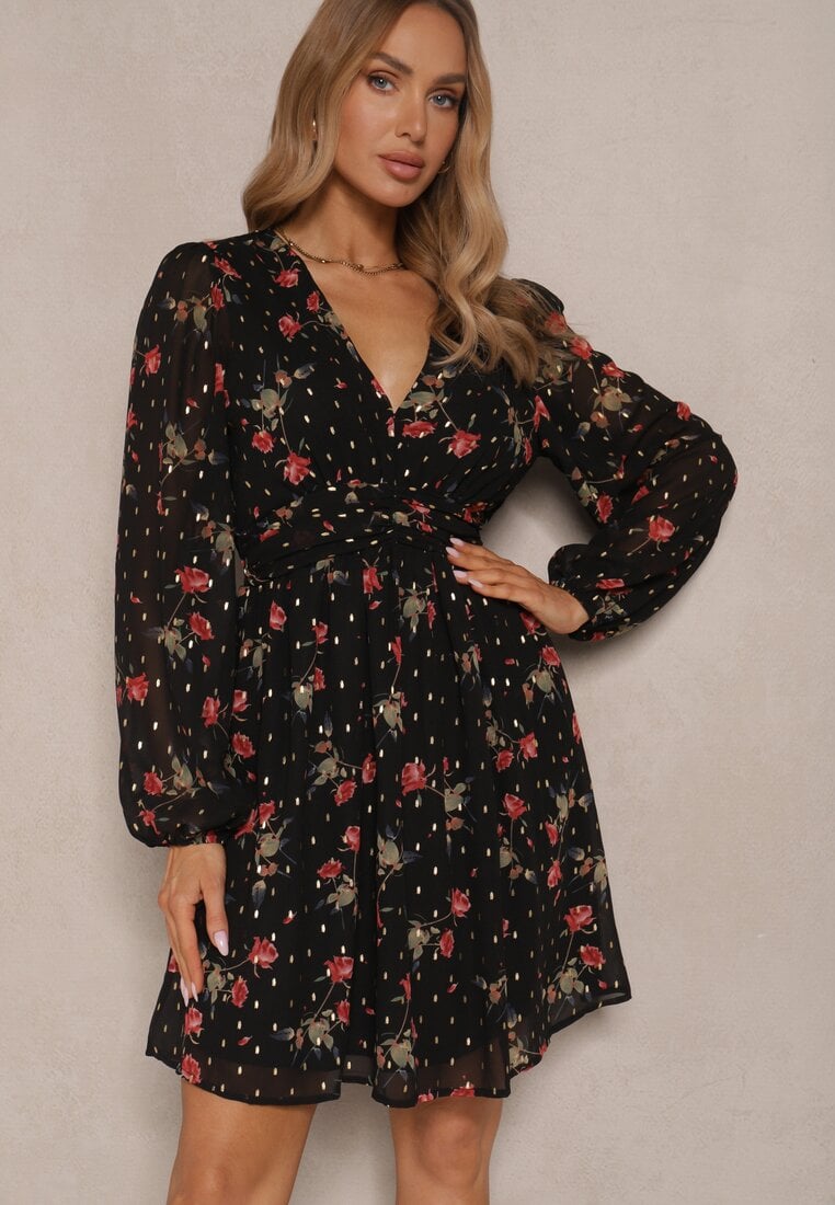 Rochie neagră cambrată florală cu croială evazată, detalii elastice Evandrae