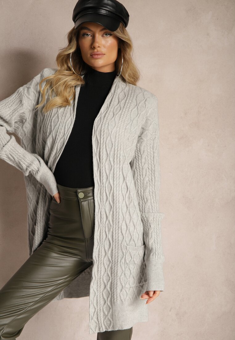 Cardigan Gri tip pulover cu croială lungă decorat în relief Vailithe