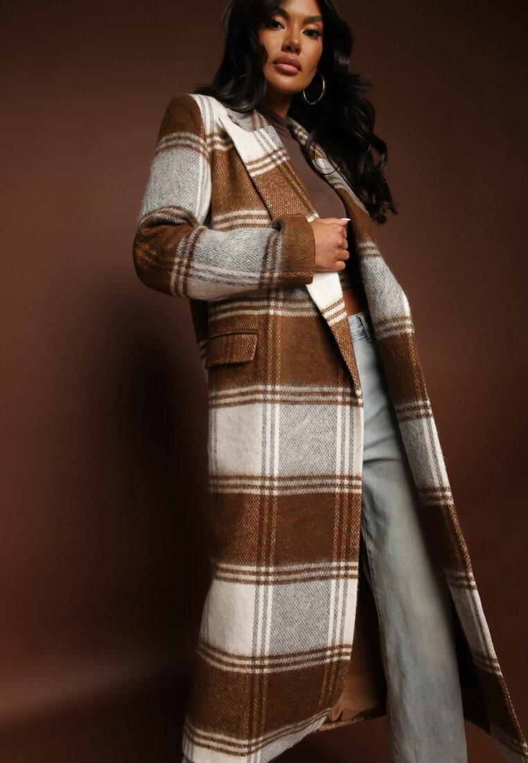 Palton neîncheiat maro în carouri cu buzunare cu clapă Fiboila