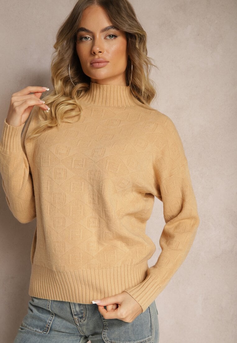 Pulover guler înalt Bej cu model în relief și striatii Melovira