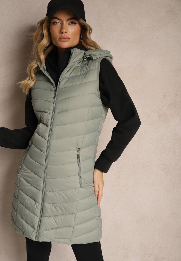 Vestă Verde deschis cu Glugă Detașabilă Decorată cu Matlasare Ivathira