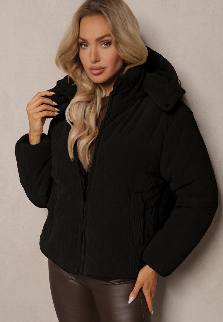 Geacă neagră de puf din catifea reiată cu glugă detașabilă Sinrielle