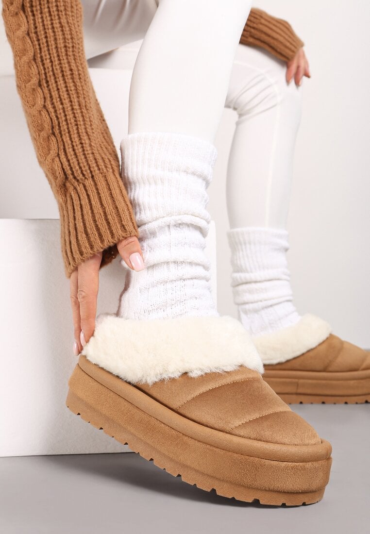 Ghete de zăpadă maro deschis slip-on pe platformă decorate cu blană Sinthiana