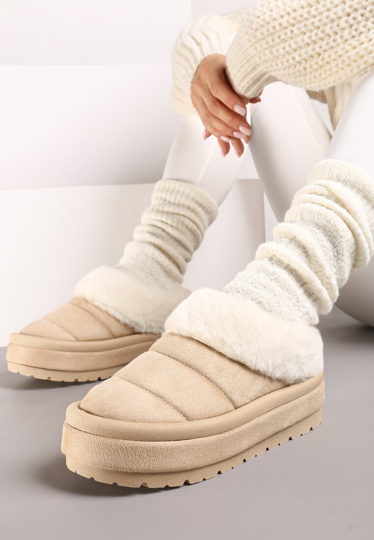 Cizme de zăpadă bej slip-on cu platformă decorate cu blăniță Sinthiana