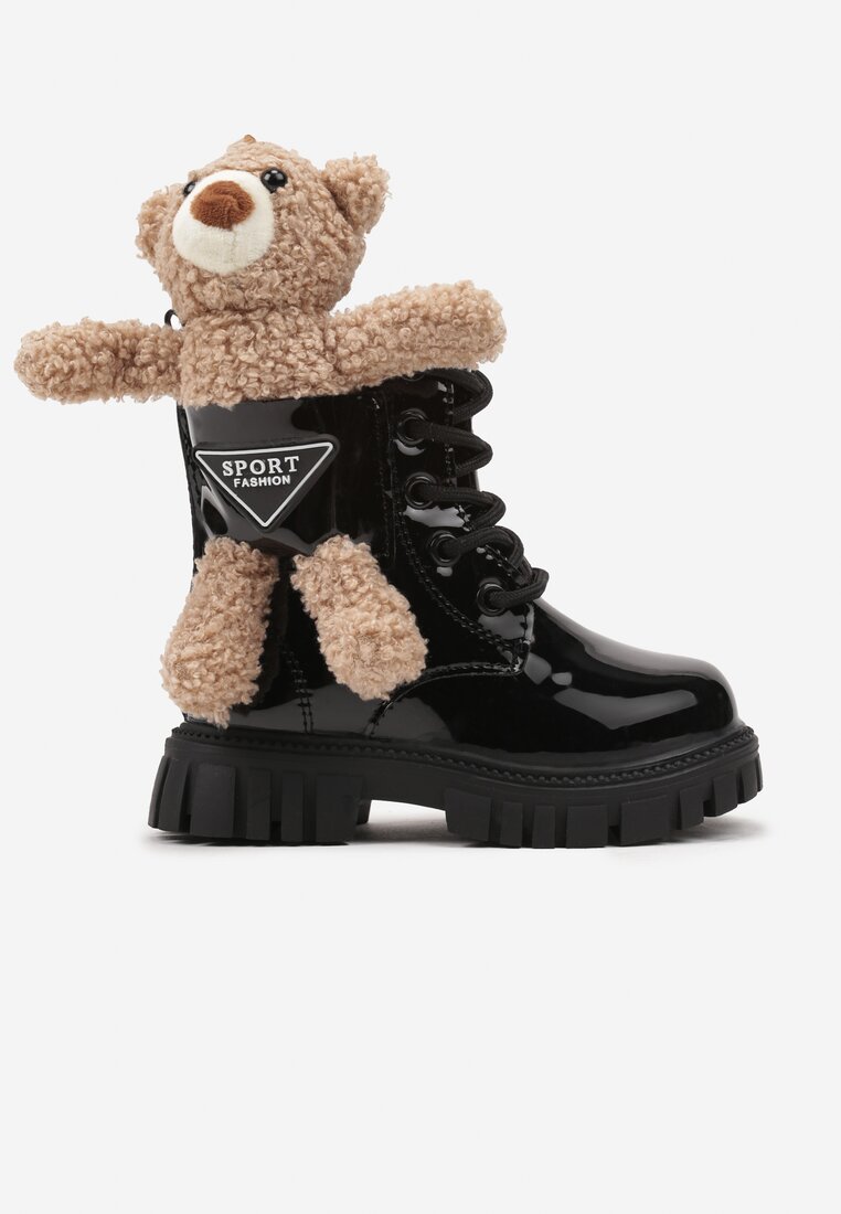 Botine Negre Lăcuite Stil worker cu talpă plată cu relief și blană Sorianvia