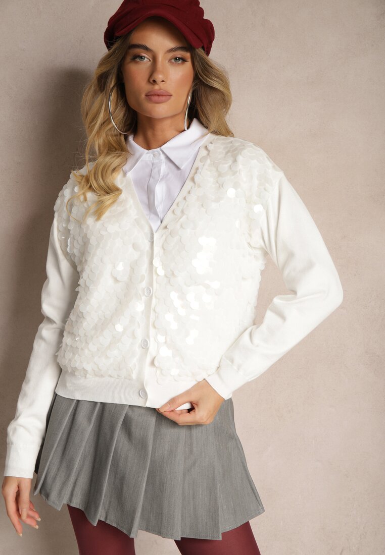 Cardigan Alb Deschis din Viscoză Decorat cu Paiete Evandriae