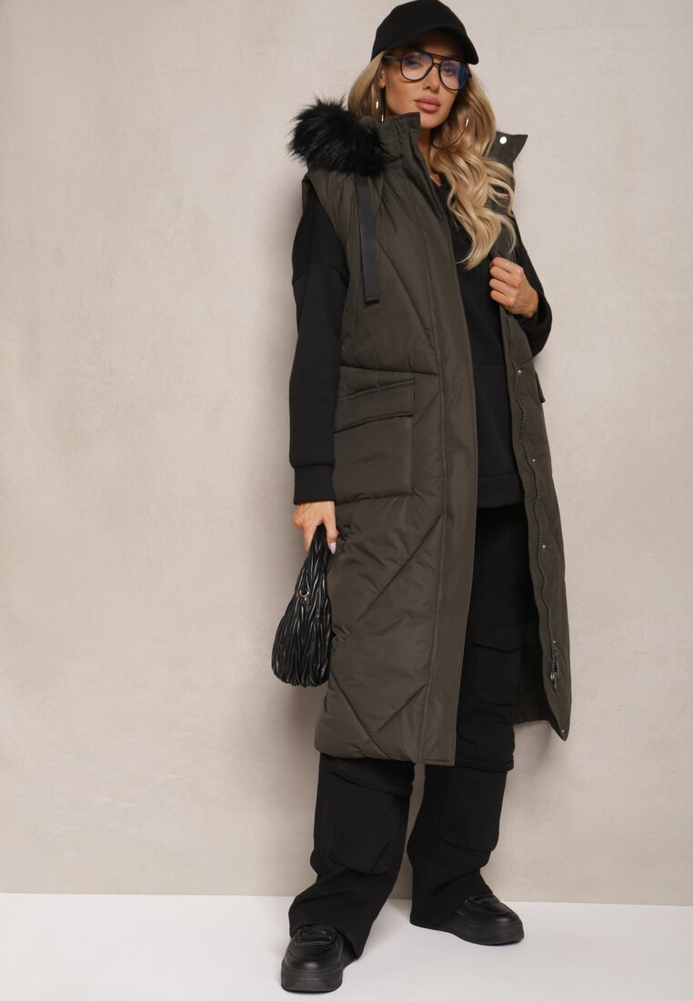 Vestă Verde închis lungă matlasată și glugă decorată cu blană Avarilla
