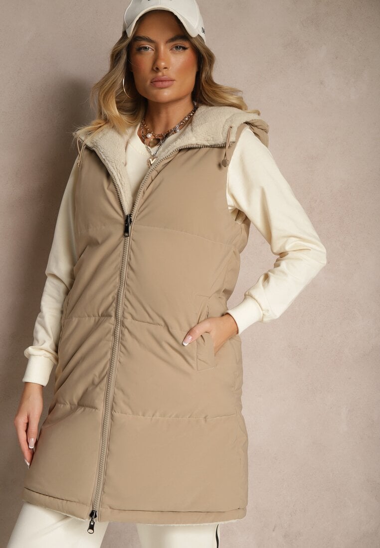 Vestă Reversibilă Bej închis cu blană tip miel și cusături matlasate cu glugă Lertitana