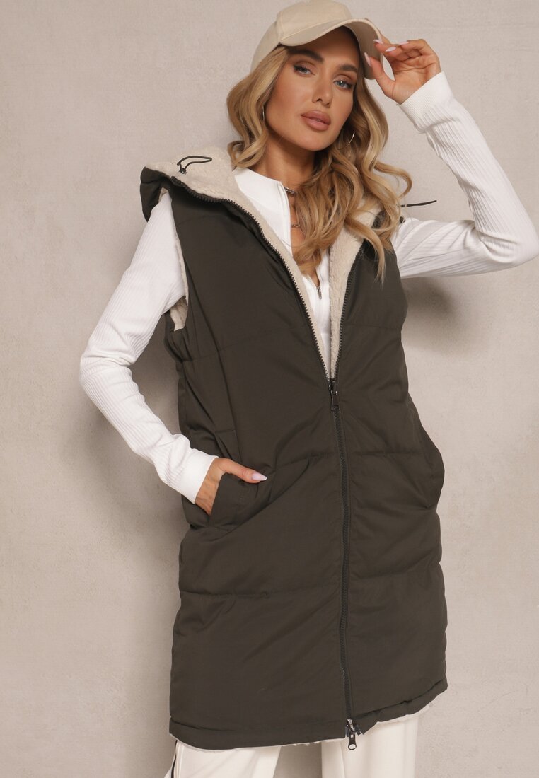 Vestă Reversibilă cu Blană tip Miel și Cusături Matlasate cu Glugă Verde închis Lertitana