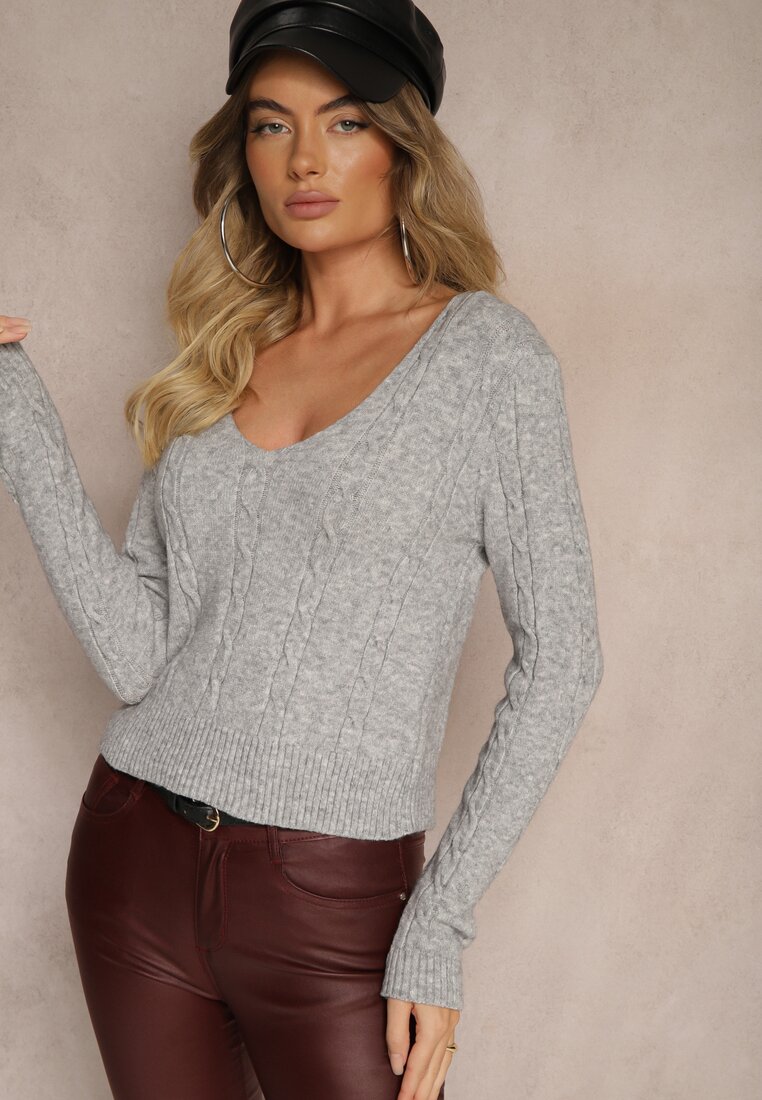 Pulover Gri cu Relief Decorativ și Decolteu Triunghiular Attenora