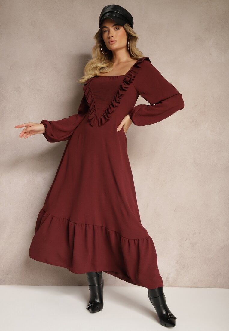 Rochie visinie Lunga Clos cu volane decorative Ferellia