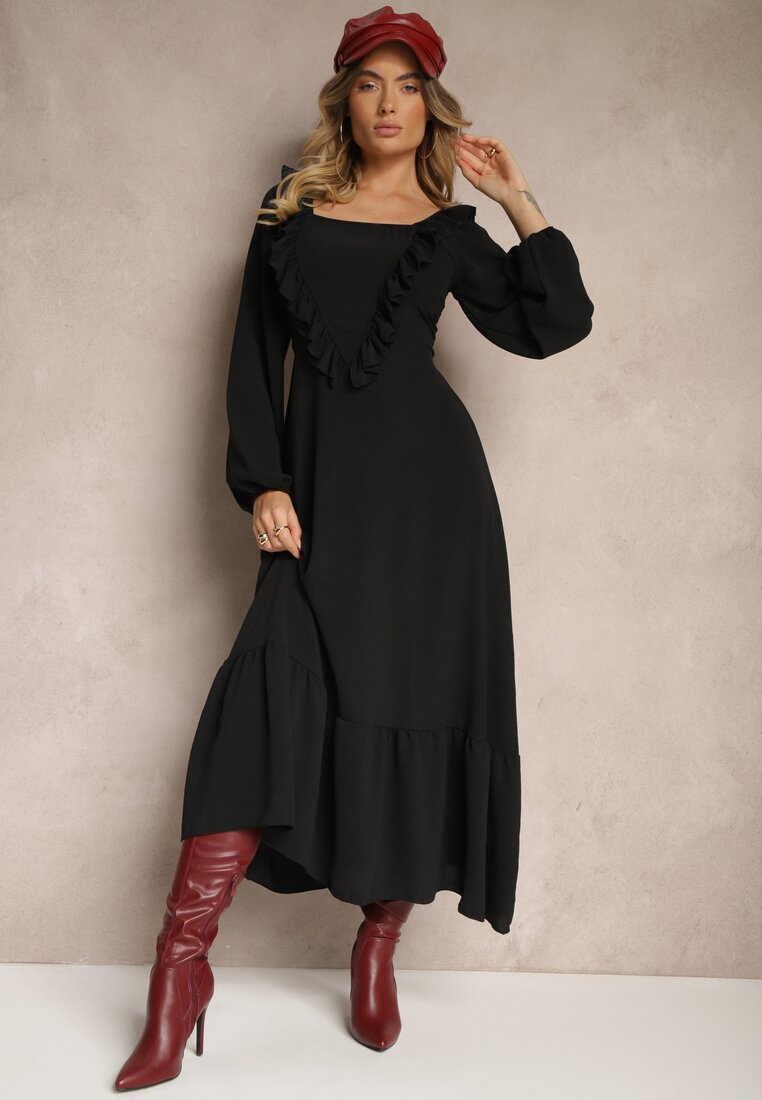 Rochie Neagră Decorată cu Volane cu Croială Evazată Alleira