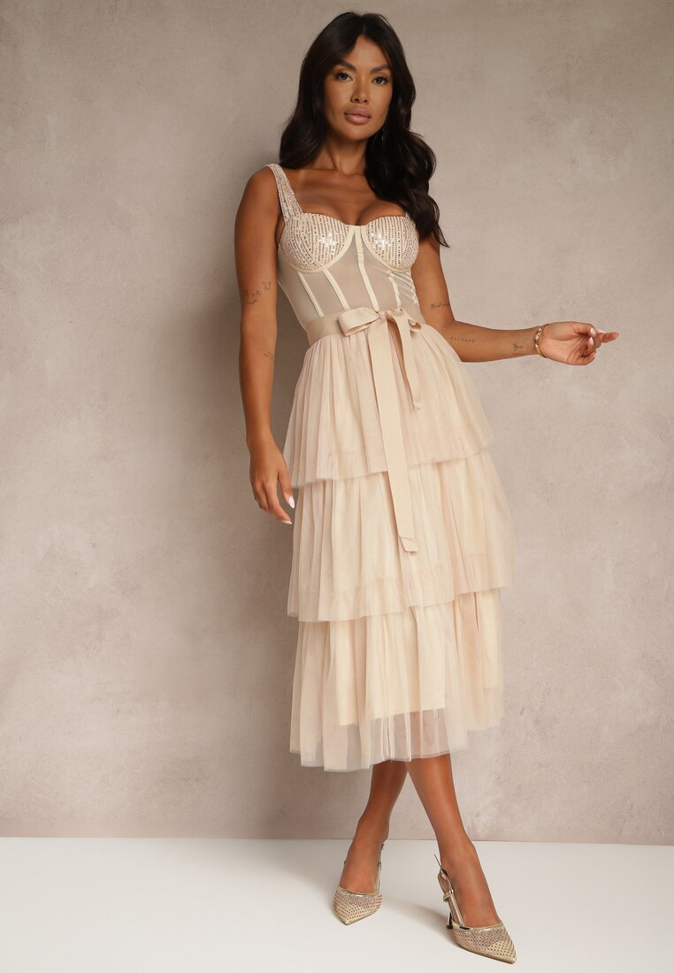 Rochie Bej De Cocktail cu partea superioară tip corset, volane, paiete și fundă Loralina