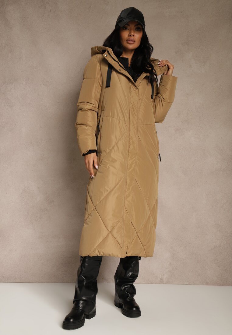 Jachetă bej închis dreaptă cu croială lungă cu matlasare, glugă și buzunare Calatta