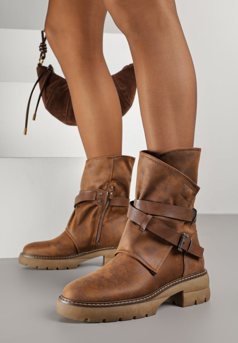 Botine Bej închis cu Carâmb Neregulat Decorat cu Curele și Catarame Zinbelle