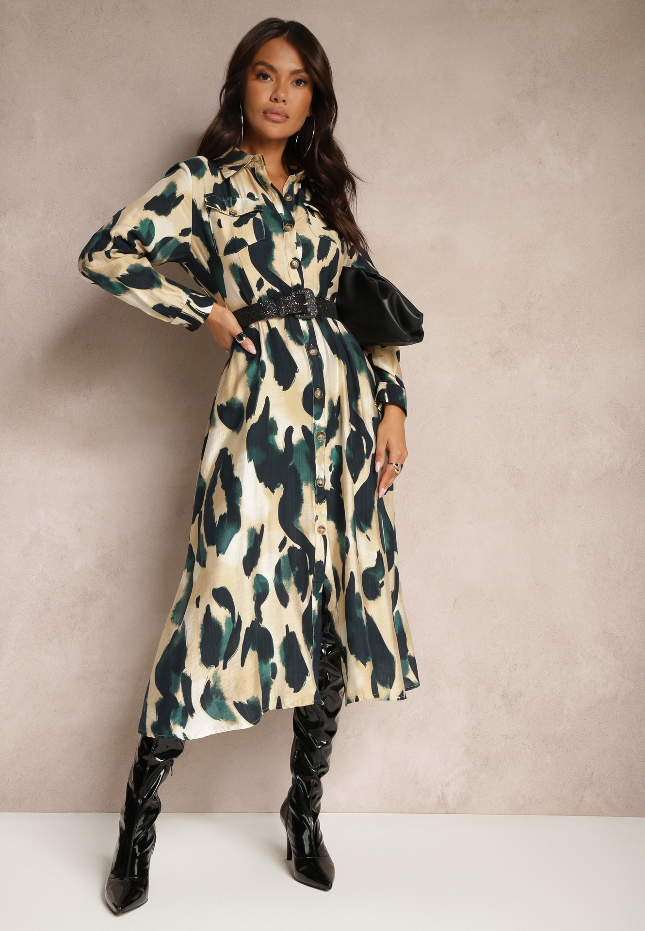 Rochie tip cămașă Verde-Bej Cloș cu Imprimeu Abstract și Cordon Împletit Miririda