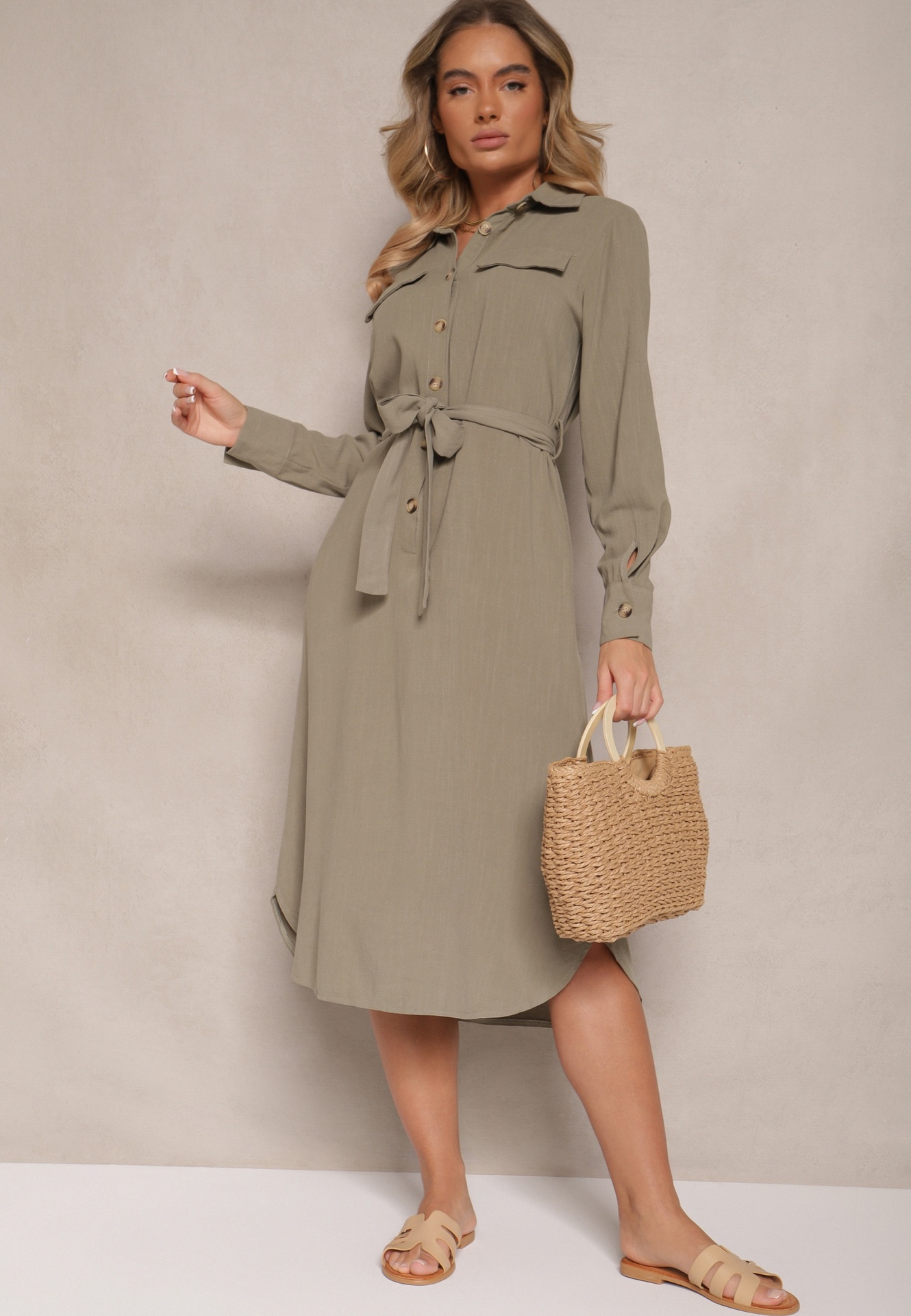 Rochie Verde din Bumbac cu croială tip cămașă Legată în Talie Zinrose