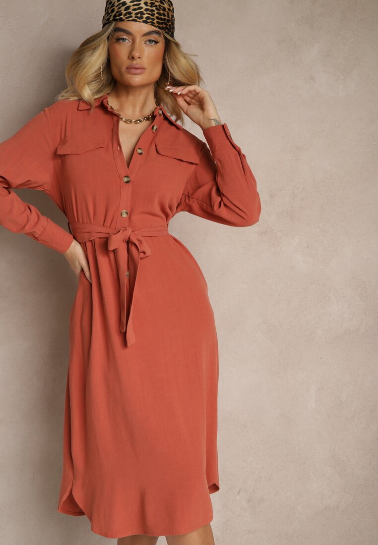 Rochie portocalie din bumbac stil cămașă legată în talie Zinrose