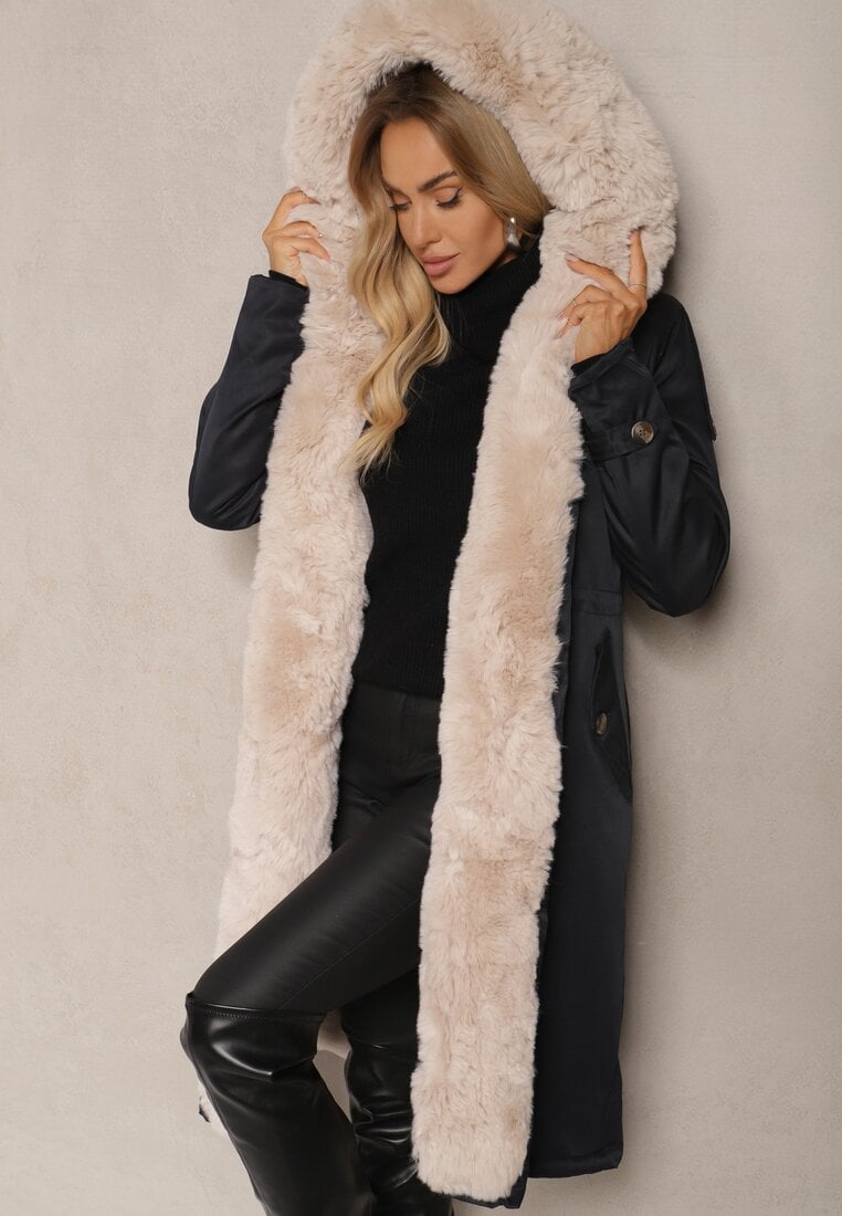 Geacă Parka Bleumarin-Bej Căptușită cu Glugă cu Blană Detașabilă Strânsă în Talie Melintina