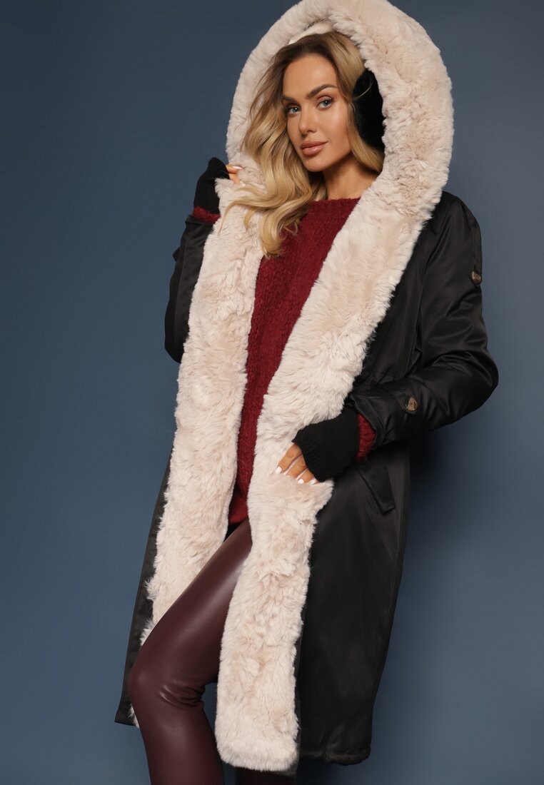 Jachetă Parka Negru-Bej Căptușită cu Glugă cu Blană Detașabilă Strânsă în Talie Melintina