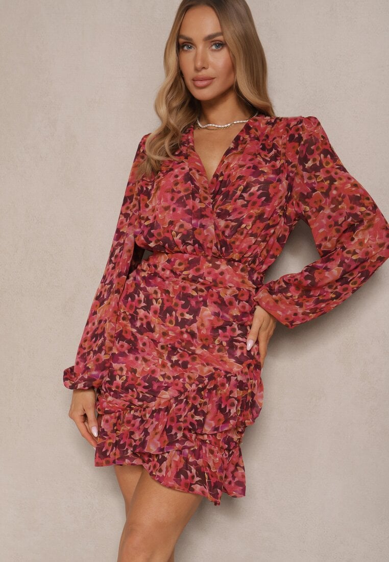 Rochie Florală Roșie cu croială ajustată, decorată cu volane și încrețituri Mirilira