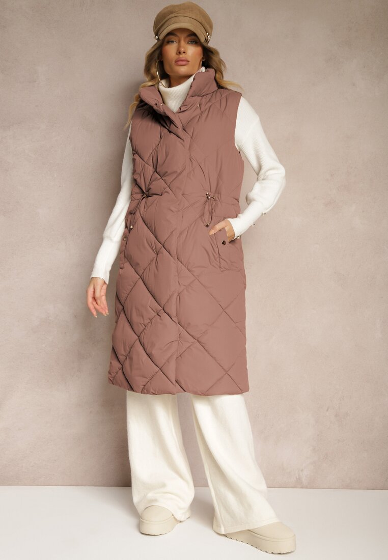 Vestă Maro închisă Lungă cu Cusături Matlasate cu Guler Înalt și Buzunare Avalithe