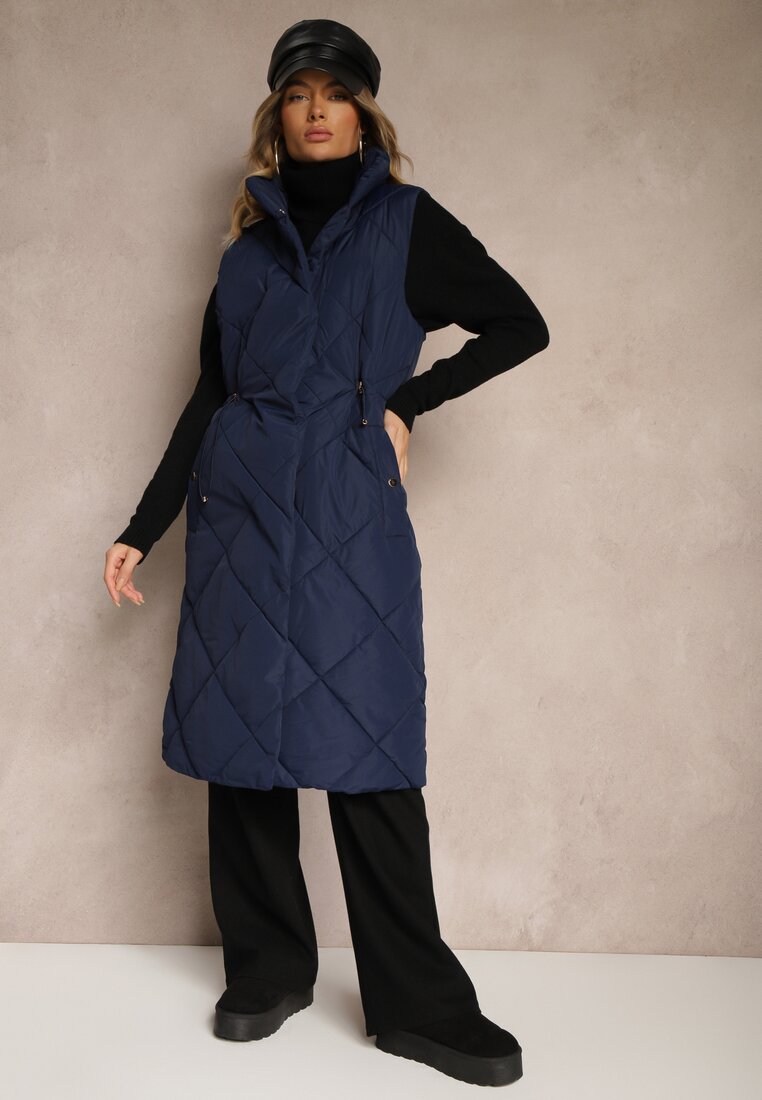 Vestă Lungă Bleumarin cu Cusături Matlasate cu Guler Înalt și Buzunare Avalithe