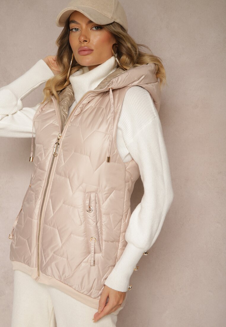 Vestă Roz deschis cu Glugă Decorată cu Inserție din Piele ecologică și Matlasare Terithasa