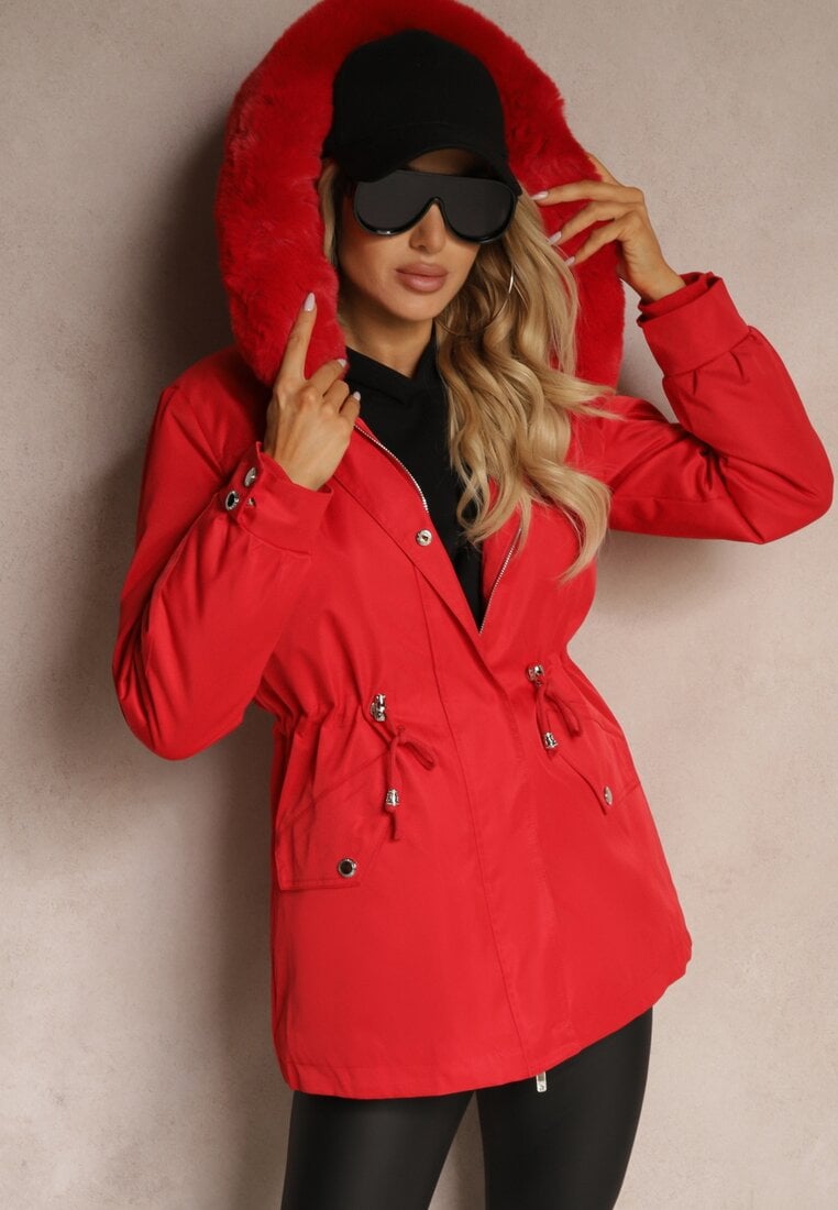 Geacă de tip Parka Roșie cu glugă și blană detașabilă Marindria