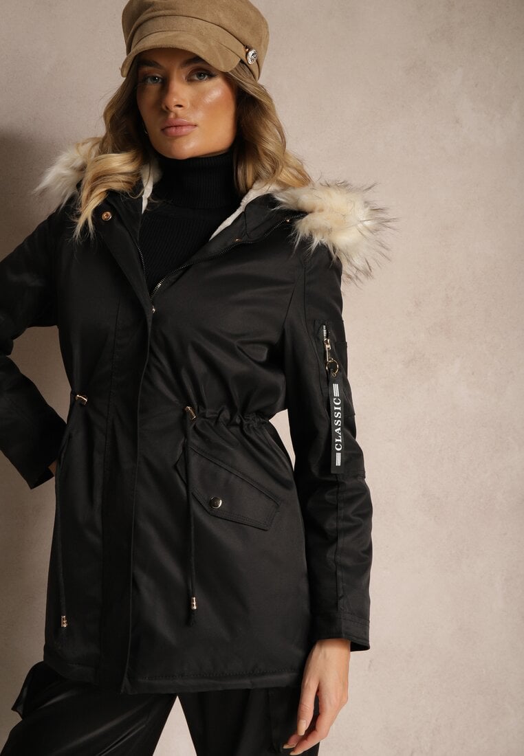 Jachetă Parka Negru-Bej cu Glugă și Bordură de Blană Detașabilă Inaveira