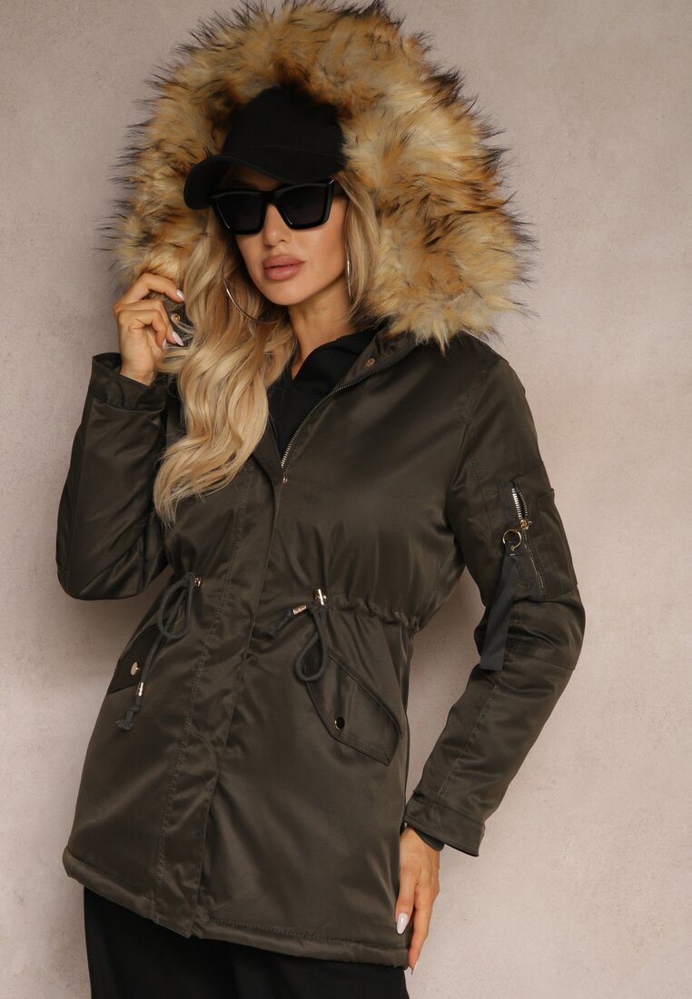 Jachetă Parka Verde-Bej cu Glugă și Bordură de Blană detașabilă Inaveira