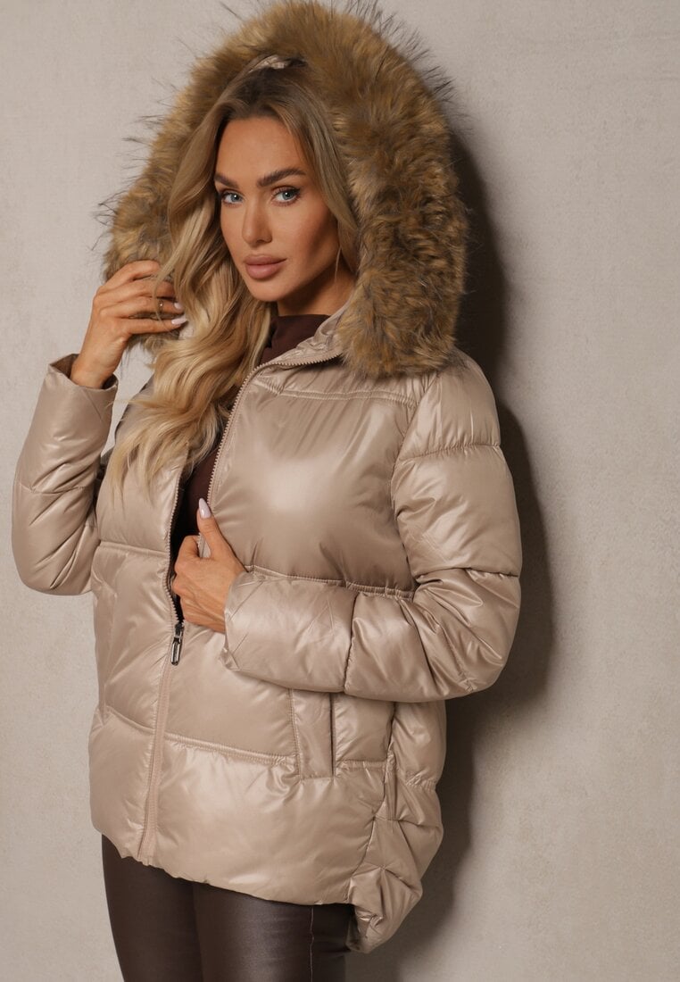 Geacă Asimetrică Bej cu Glugă cu Blană Detașabilă Zineira
