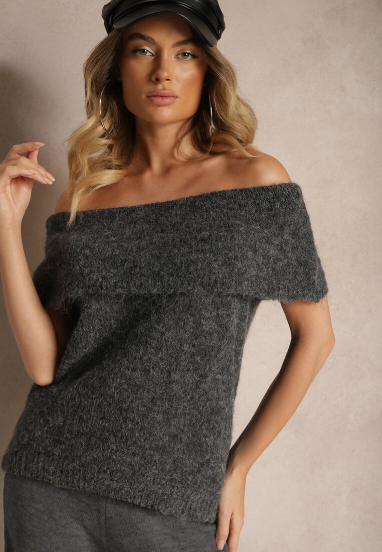 Pulover Top Gri închis cu decolteu tip Bardot cu lână Inarose