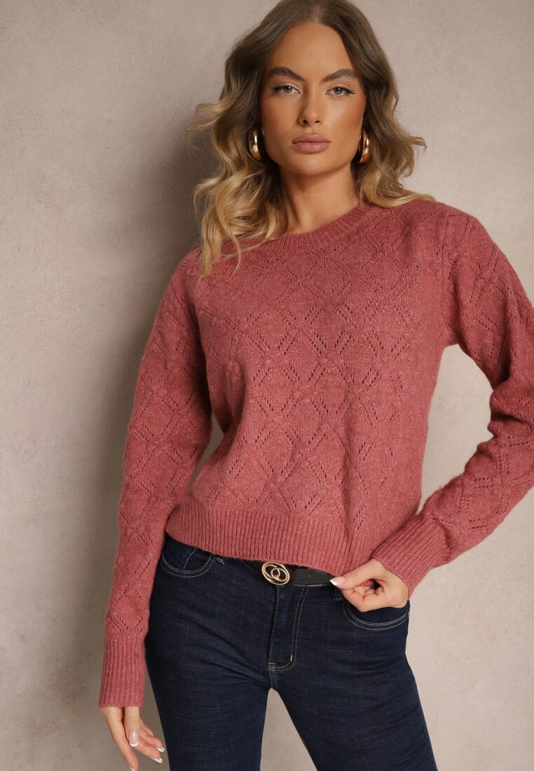 Pulover Roz în Stil Clasic cu Model Embosat Deriel