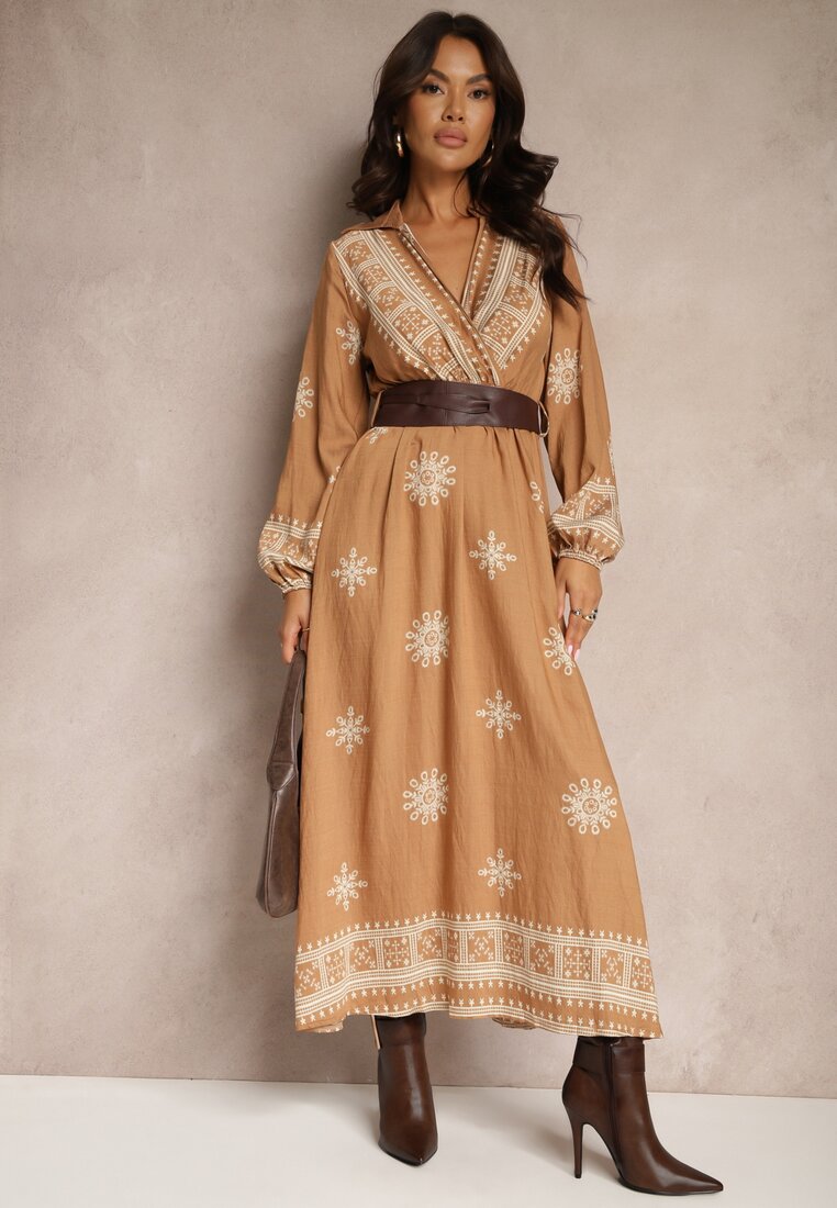 Rochie bej imprimată din viscoză cu croială petrecută cu elastic și cordon Zinalise