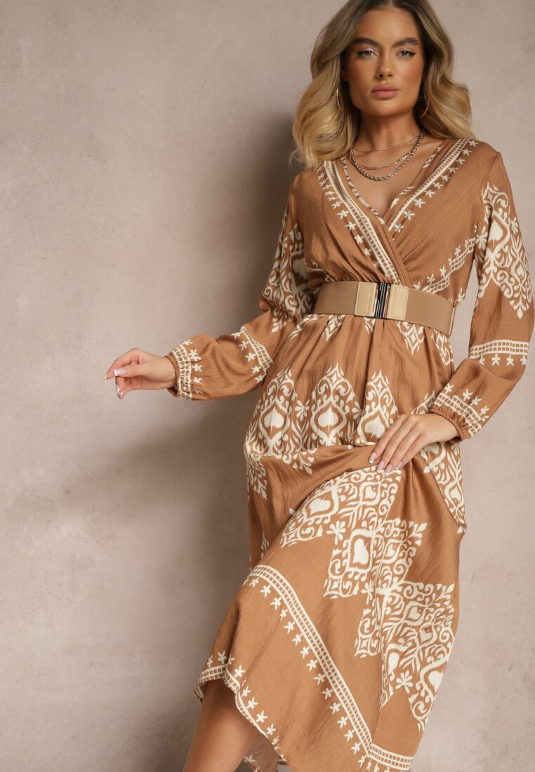 Rochie Bej Imprimată din Viscoză Croială petrecută cu Curea și elastic în talie Sagilaine